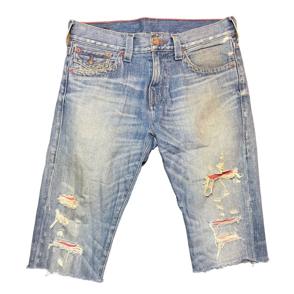 True Religion Geno Denim Shorts Mens 32 Blue Distressed Red Backing Cutoff